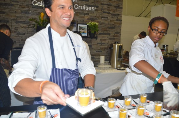One of my favorite plates of food was from the Celebrity Cruises booth! Roasted kabocha squash soup with bacon bits, and raclette & Leek grilled cheese.