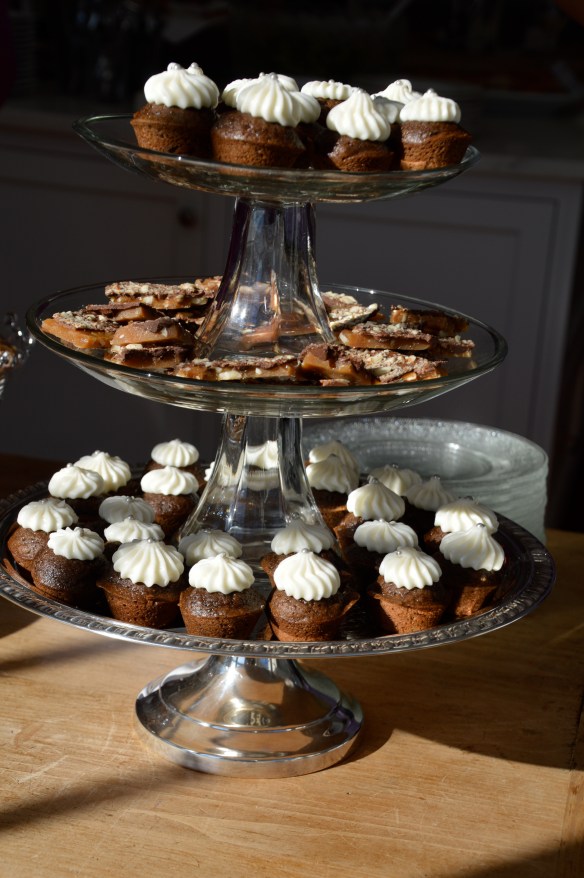 Tower of gingerbread cupcakes and almond toffee.