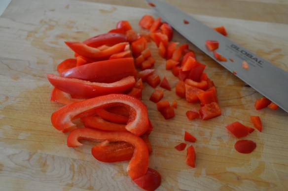 Slice into strips and then cut crosswise into a dice.