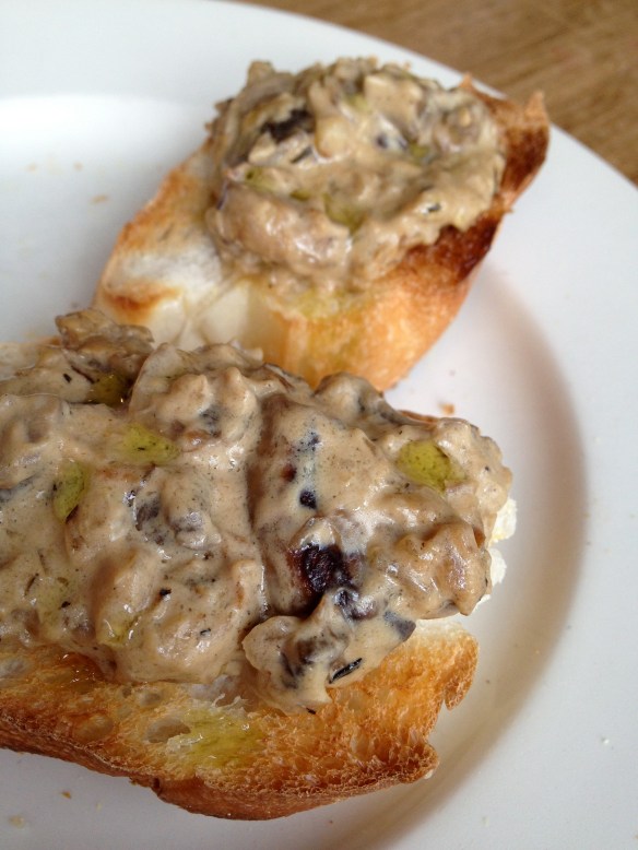 Wild Mushroom Fondue on Toasted Baguette Slices