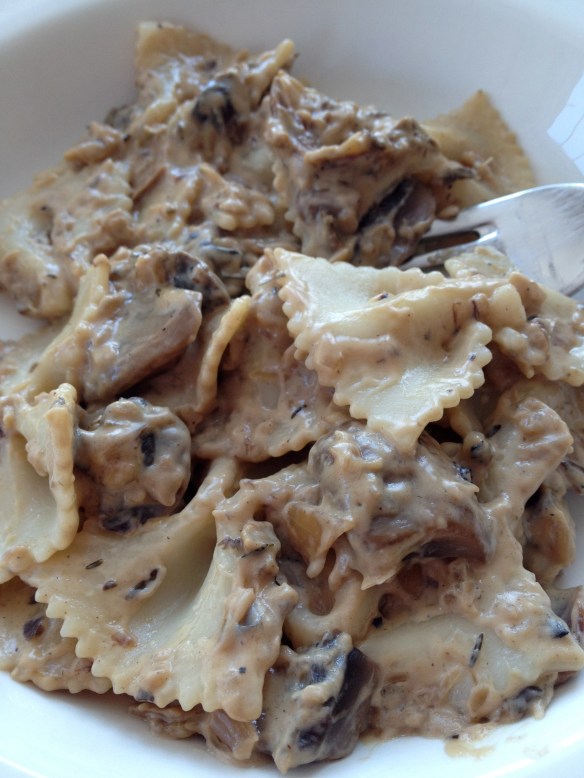 Mushroom Fondue mixed with farfalle pasta (and a little pasta cooking water as needed)