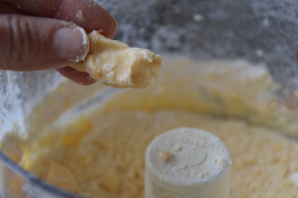 Like pie dough, the dough will look dry but will come together when you pinch it.