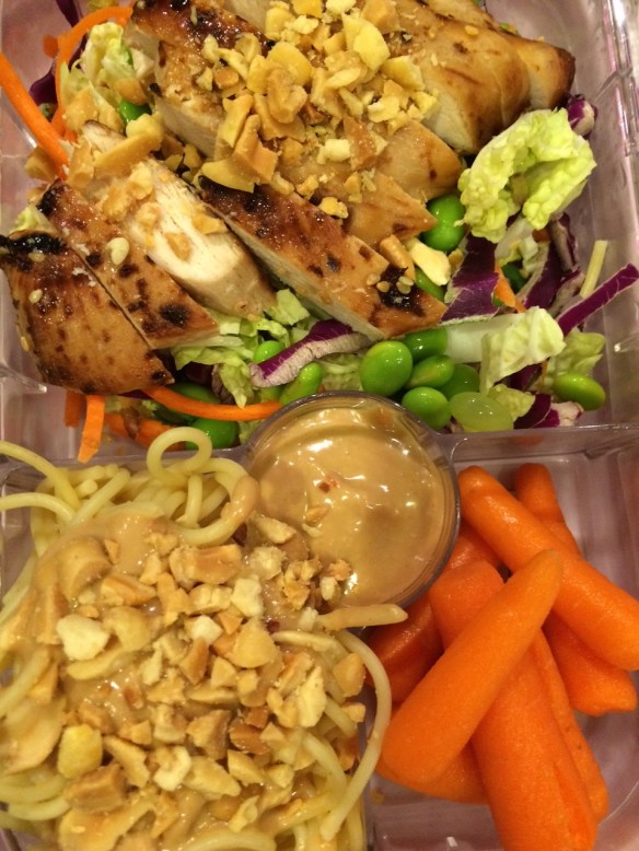 More leftovers (see post "Smashing Peanut Noodles" for recipe): Cold spaghetti with peanut sauce and chopped peanuts; grilled chicken; salad greens with edamame; carrot sticks